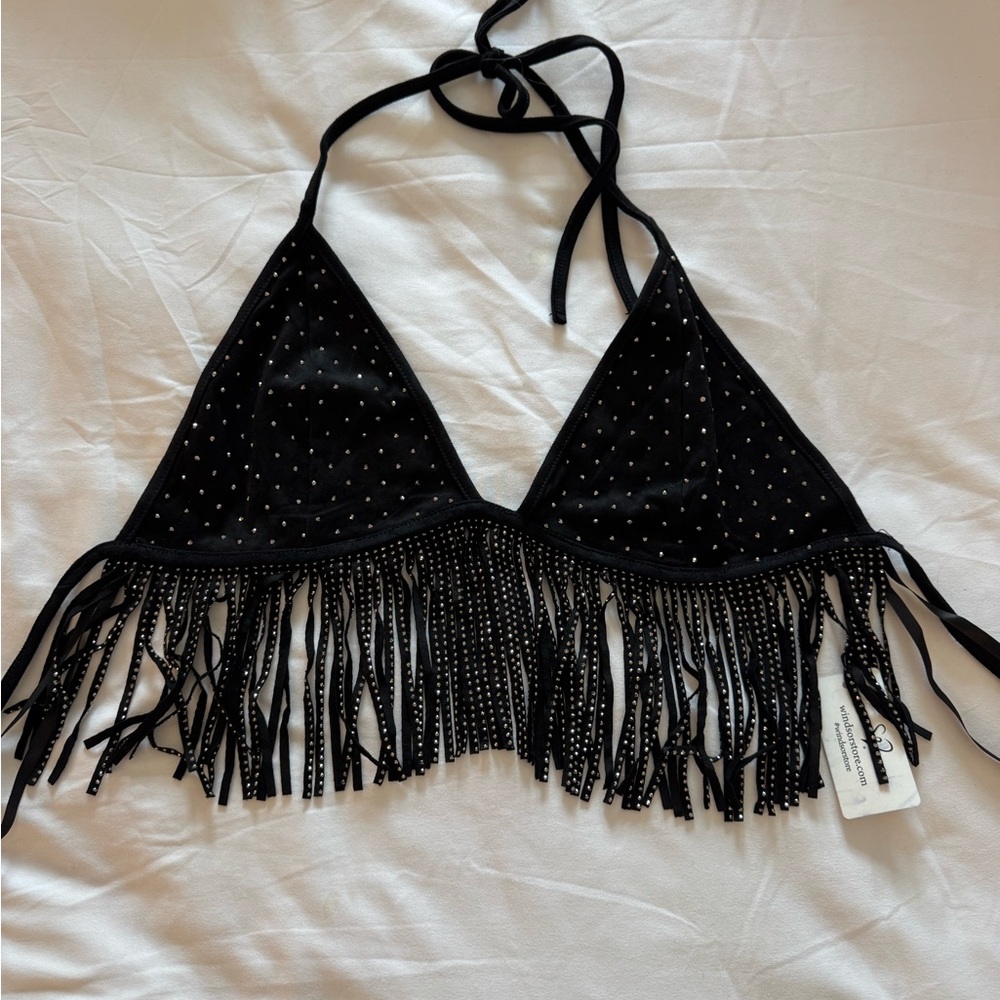 Windsor Black Studded Sparkly Fringe Bikini Halter Top
